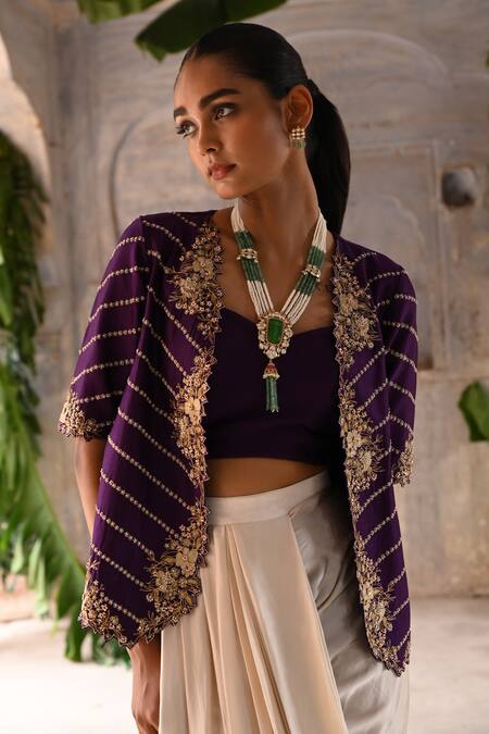 Deep Thee_Purple Chanderi, Satin Zari, Iris Phool Embroidered Jacket Draped Skirt Set _at_Aza_Fashions