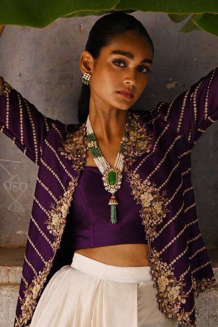 Buy_Deep Thee_Purple Chanderi, Satin Zari, Iris Phool Embroidered Jacket Draped Skirt Set 