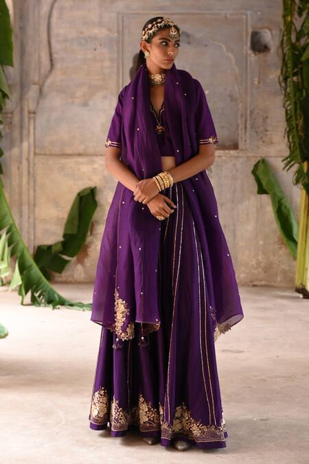 Deep Thee_Purple Silk, Organza Embroidery V-neck Guchha Phool Kali Lehenga Blouse Set _Online_at_Aza_Fashions