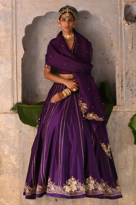 Shop_Deep Thee_Purple Silk, Organza Embroidery V-neck Guchha Phool Kali Lehenga Blouse Set _Online_at_Aza_Fashions