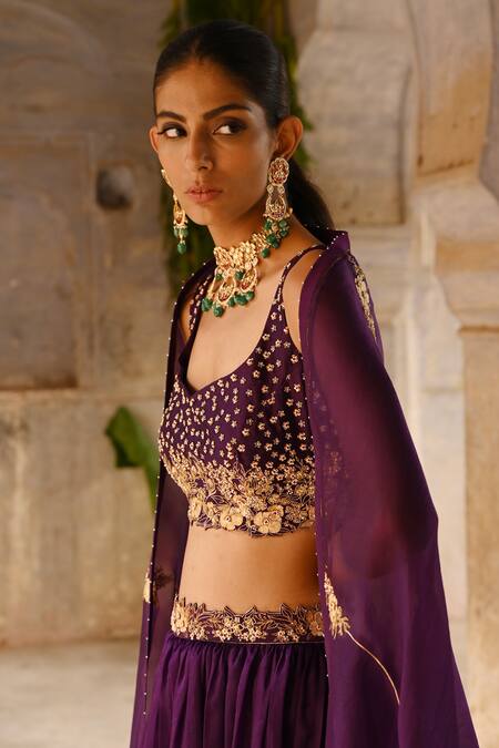 Buy_Deep Thee_Purple Silk, Organza Sequins, Embroidery Sweetheart Blossom Blouse Lehenga Set _Online_at_Aza_Fashions