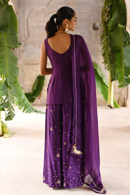Shop_Deep Thee_Purple Chanderi, Organza Moti And Zardosi Pitta Striped Short Kurta Palazzo Set _at_Aza_Fashions