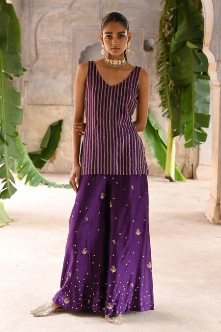 Deep Thee_Purple Chanderi, Organza Moti And Zardosi Pitta Striped Short Kurta Palazzo Set _Online_at_Aza_Fashions