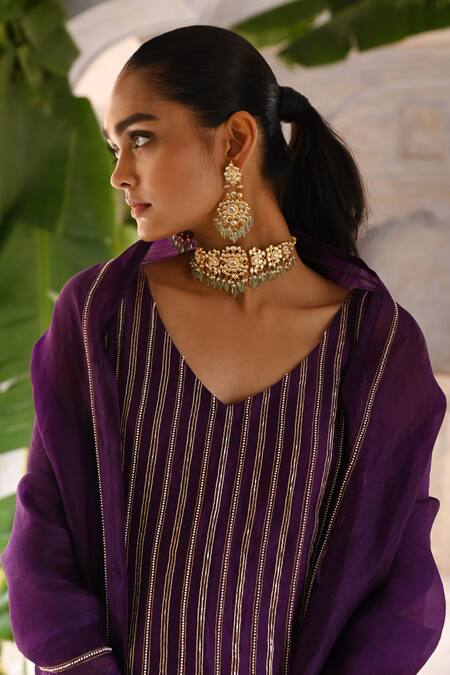 Shop_Deep Thee_Purple Chanderi, Organza Moti And Zardosi Pitta Striped Short Kurta Palazzo Set _Online_at_Aza_Fashions