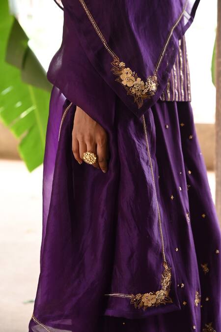 Deep Thee_Purple Chanderi, Organza Moti And Zardosi Pitta Striped Short Kurta Palazzo Set _at_Aza_Fashions