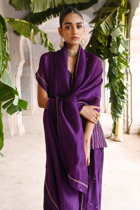 Buy_Deep Thee_Purple Chanderi, Organza Moti And Zardosi Pitta Striped Short Kurta Palazzo Set 