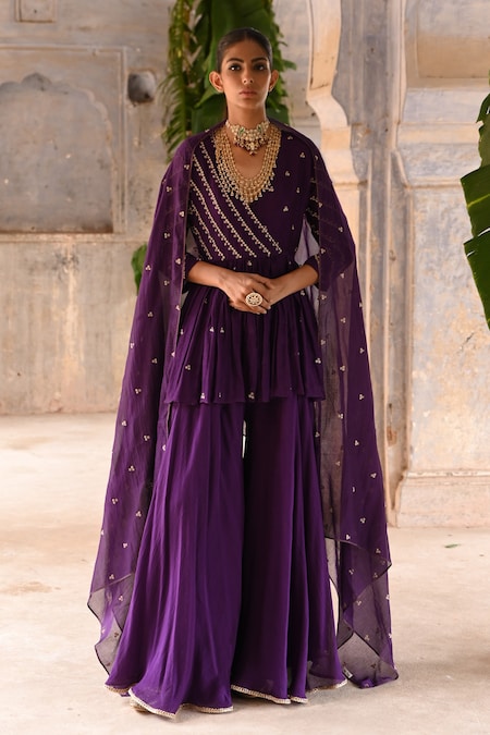 Deep Thee Purple Chanderi Embroidery Zari Phool Stripe Peplum Kurta Sharara Set 