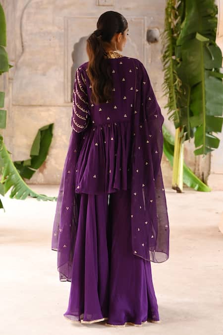 Shop_Deep Thee_Purple Chanderi Embroidery, Zari V-neck Phool Stripe Peplum Kurta Sharara Set _at_Aza_Fashions
