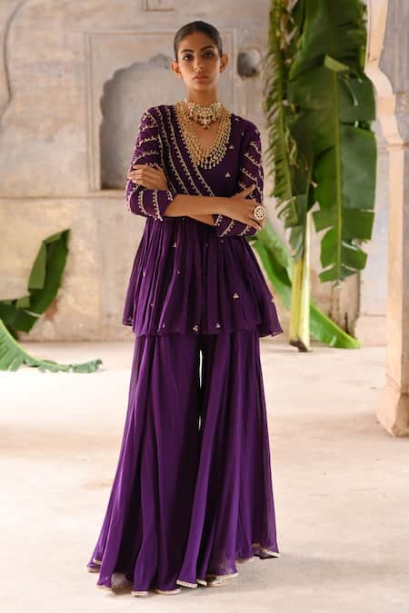 Deep Thee_Purple Chanderi Embroidery, Zari V-neck Phool Stripe Peplum Kurta Sharara Set _Online_at_Aza_Fashions