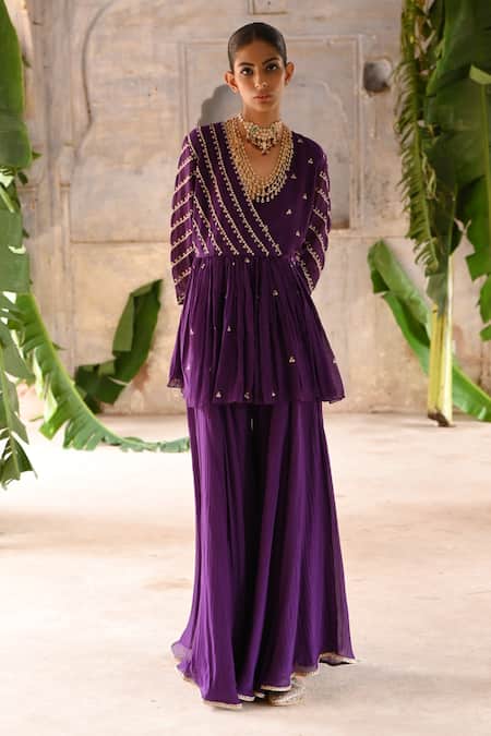 Buy_Deep Thee_Purple Chanderi Embroidery, Zari V-neck Phool Stripe Peplum Kurta Sharara Set _Online_at_Aza_Fashions