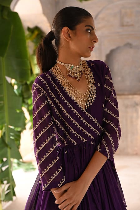 Shop_Deep Thee_Purple Chanderi Embroidery, Zari V-neck Phool Stripe Peplum Kurta Sharara Set _Online_at_Aza_Fashions