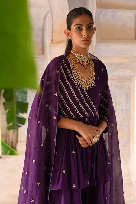 Deep Thee_Purple Chanderi Embroidery, Zari V-neck Phool Stripe Peplum Kurta Sharara Set _at_Aza_Fashions