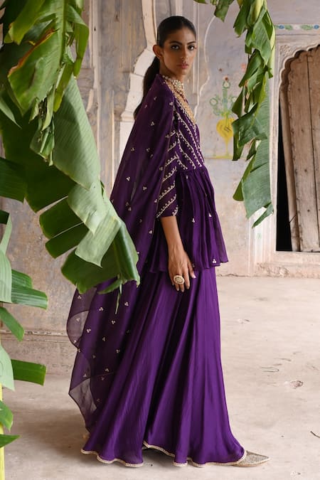 Buy_Deep Thee_Purple Chanderi Embroidery, Zari V-neck Phool Stripe Peplum Kurta Sharara Set 