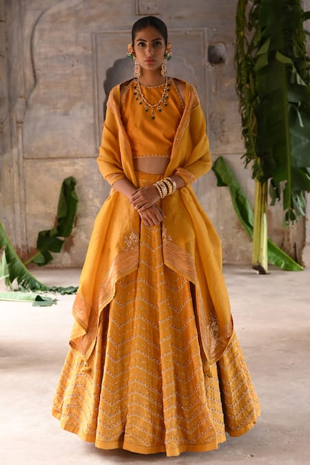 Deep Thee Yellow Silk Embroidery Zari Zardozi Chevron Flora Lehenga Blouse Set 