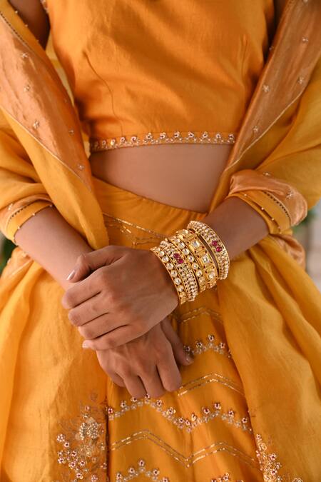 Buy_Deep Thee_Yellow Silk, Organza Sequins, Zari, Zardozi Chevron Flora Lehenga Blouse Set _Online_at_Aza_Fashions
