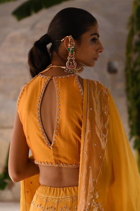 Shop_Deep Thee_Yellow Silk, Organza Sequins, Zari, Zardozi Chevron Flora Lehenga Blouse Set _Online_at_Aza_Fashions
