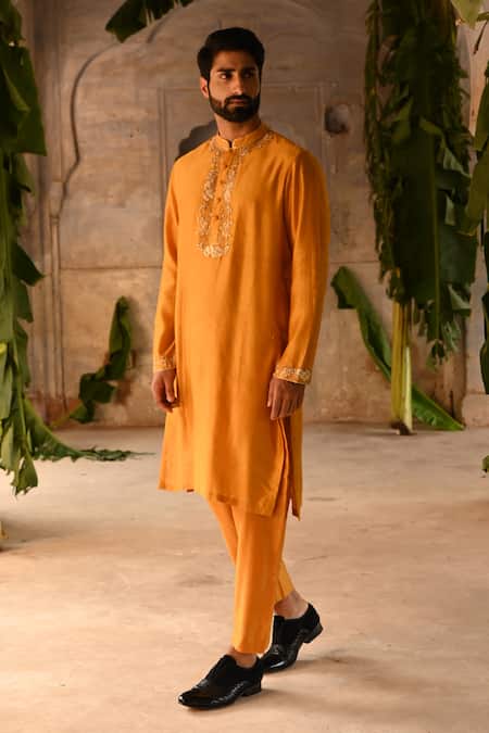 Buy_Deep Thee_Yellow Chanderi Zari, Sequins Zardozi Phool Placket Embroidered Kurta Set _Online_at_Aza_Fashions