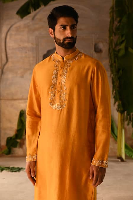 Shop_Deep Thee_Yellow Chanderi Zari, Sequins Zardozi Phool Placket Embroidered Kurta Set _Online_at_Aza_Fashions
