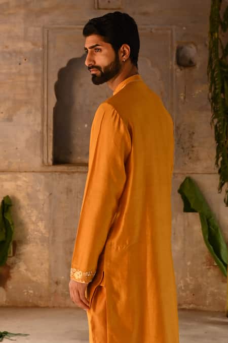 Deep Thee_Yellow Chanderi Zari, Sequins Zardozi Phool Placket Embroidered Kurta Set _at_Aza_Fashions