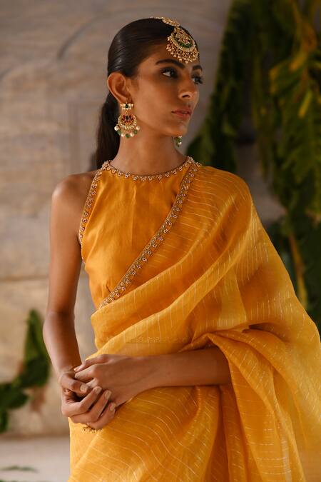 Deep Thee_Yellow Silk, Organza Zari, Sequins Halter Neck Striped Saree With Blouse _Online_at_Aza_Fashions