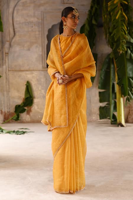 Buy_Deep Thee_Yellow Silk, Organza Zari, Sequins Halter Neck Striped Saree With Blouse _Online_at_Aza_Fashions