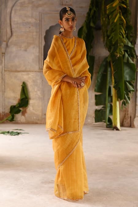 Shop_Deep Thee_Yellow Silk, Organza Zari, Sequins Halter Neck Striped Saree With Blouse _Online_at_Aza_Fashions