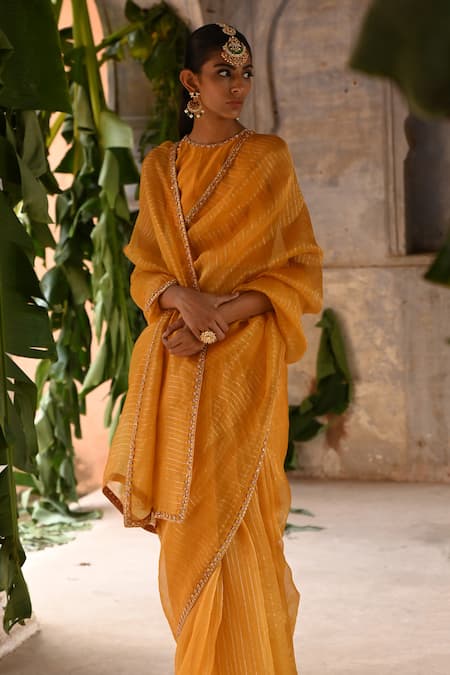 Buy_Deep Thee_Yellow Silk, Organza Zari, Sequins Halter Neck Striped Saree With Blouse 