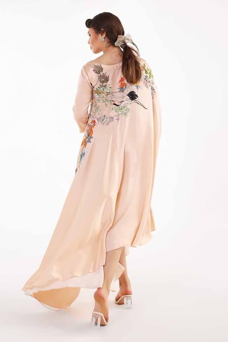 Shop_Eeksha_Peach Satin Embellished Floral Applique Boat Neck Kaftan  _at_Aza_Fashions
