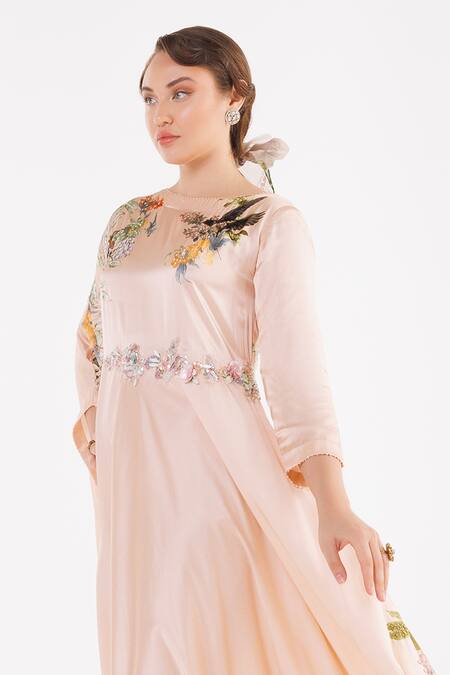 Eeksha_Peach Satin Embellished Floral Applique Boat Neck Kaftan  _Online_at_Aza_Fashions
