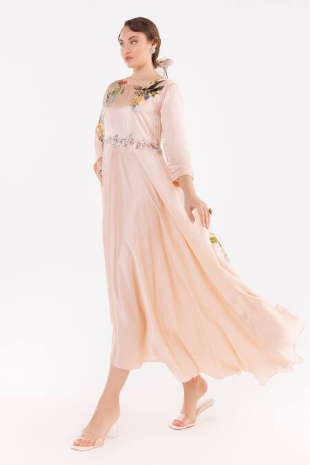 Buy_Eeksha_Peach Satin Embellished Floral Applique Boat Neck Kaftan  _Online_at_Aza_Fashions