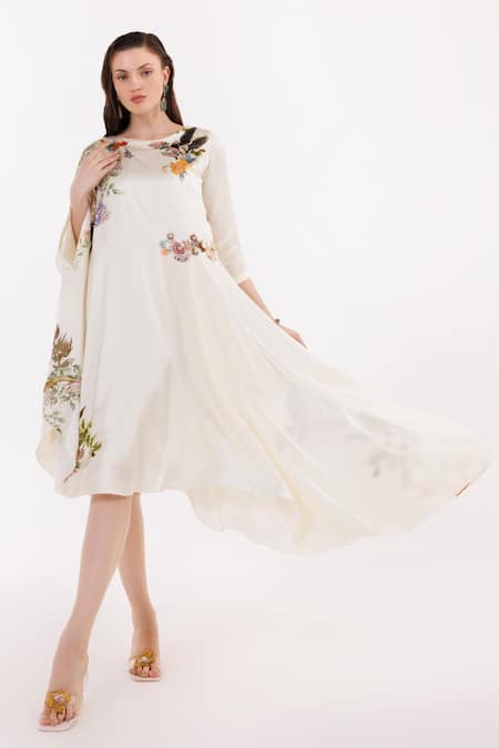 EEKSHA Ivory Satin Embellished Floral Applique Boat Neck Asymmetric Kaftan  