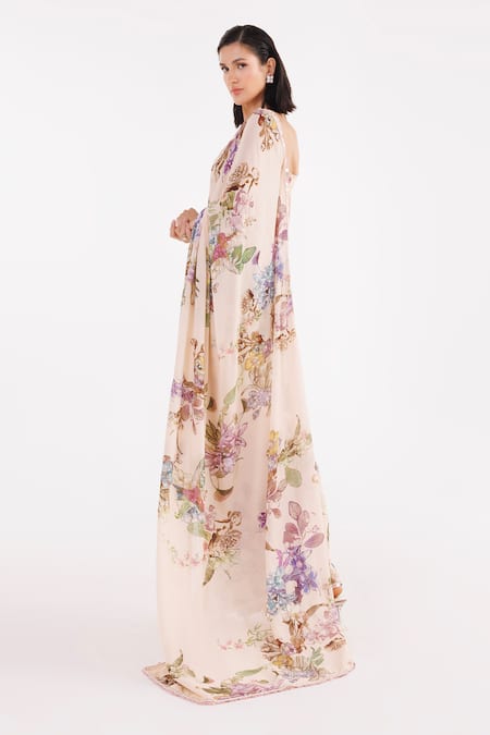 Shop Eeksha Peach Satin, Organza, Silk Sequins, Printed Pre-draped Saree With Blouse at Aza Fashions Shop_Eeksha_Peach Satin, Organza, Silk Sequins, Printed Pre-draped Saree With Blouse _at_Aza_Fashions