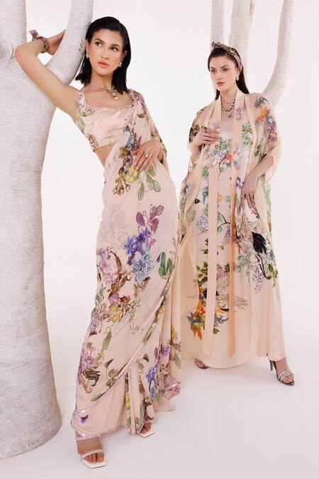 Eeksha Peach Satin, Organza, Silk Sequins, Printed Pre-draped Saree With Blouse Online at Aza Fashions Eeksha_Peach Satin, Organza, Silk Sequins, Printed Pre-draped Saree With Blouse _Online_at_Aza_Fashions