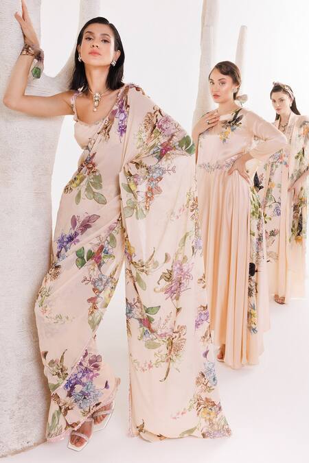 Buy Eeksha Peach Satin, Organza, Silk Sequins, Printed Pre-draped Saree With Blouse Online at Aza Fashions Buy_Eeksha_Peach Satin, Organza, Silk Sequins, Printed Pre-draped Saree With Blouse _Online_at_Aza_Fashions