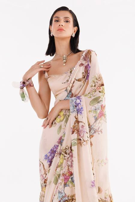 Shop Eeksha Peach Satin, Organza, Silk Sequins, Printed Pre-draped Saree With Blouse Online at Aza Fashions Shop_Eeksha_Peach Satin, Organza, Silk Sequins, Printed Pre-draped Saree With Blouse _Online_at_Aza_Fashions