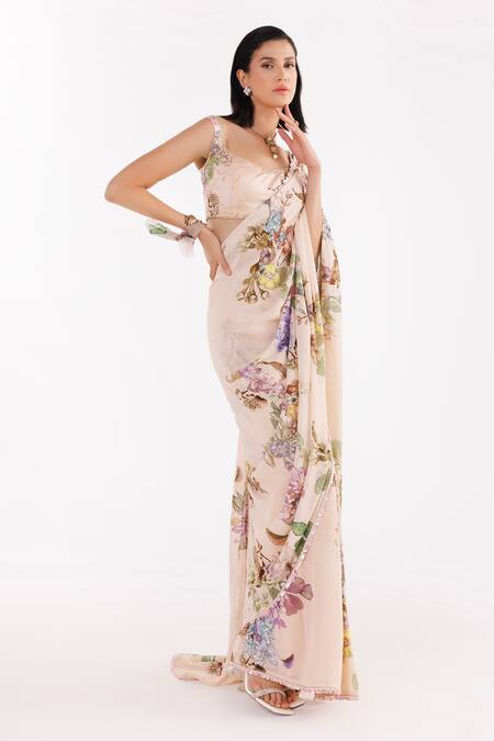 Eeksha Peach Satin, Organza, Silk Sequins, Printed Pre-draped Saree With Blouse at Aza Fashions Eeksha_Peach Satin, Organza, Silk Sequins, Printed Pre-draped Saree With Blouse _at_Aza_Fashions