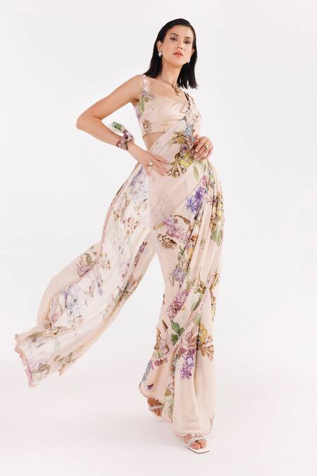 Buy Eeksha Peach Satin, Organza, Silk Sequins, Printed Pre-draped Saree With Blouse Buy_Eeksha_Peach Satin, Organza, Silk Sequins, Printed Pre-draped Saree With Blouse