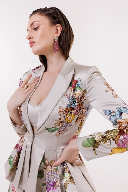 Buy_Eeksha_Grey Satin, Ramie, Rayon Sequins, Embroidery Floral Print Peplum Blazer Set _Online_at_Aza_Fashions