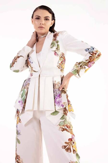 Eeksha_Ivory Satin, Ramie Sequins, Embroidery Floral Print Peplum Blazer Pant Set _Online_at_Aza_Fashions