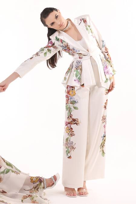 Buy_Eeksha_Ivory Satin, Ramie Sequins, Embroidery Floral Print Peplum Blazer Pant Set _Online_at_Aza_Fashions