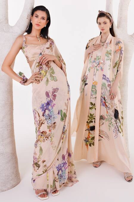 Eeksha_Peach Satin, Chiffon Sequins V-neck Botanical Print Dress With Cape _Online_at_Aza_Fashions
