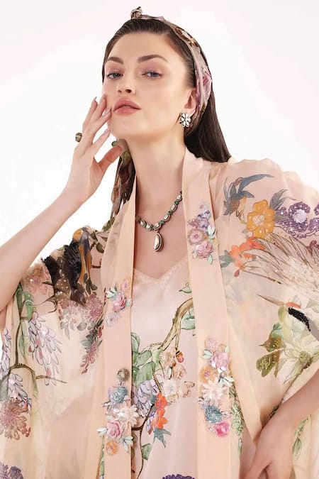 Buy_Eeksha_Peach Satin, Chiffon Sequins V-neck Botanical Print Dress With Cape _Online_at_Aza_Fashions