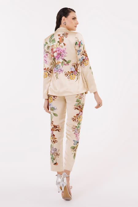 Shop Eeksha Beige Satin, Ramie, Rayon Embroidery, Sequins Botanical Print Blazer Pant Set at Aza Fashions Shop_Eeksha_Beige Satin, Ramie, Rayon Embroidery, Sequins Botanical Print Blazer Pant Set _at_Aza_Fashions