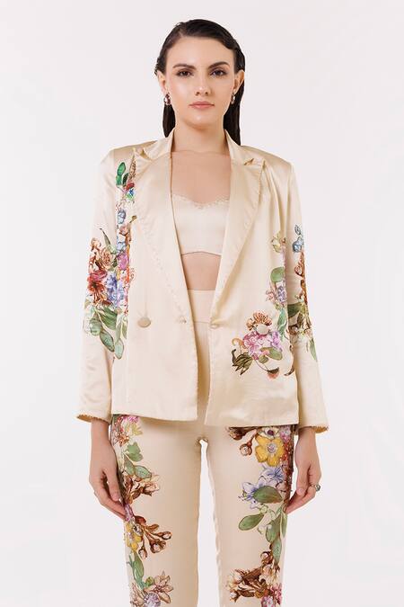 Eeksha Beige Satin, Ramie, Rayon Embroidery, Sequins Botanical Print Blazer Pant Set Online at Aza Fashions Eeksha_Beige Satin, Ramie, Rayon Embroidery, Sequins Botanical Print Blazer Pant Set _Online_at_Aza_Fashions