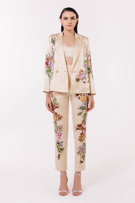 Buy Eeksha Beige Satin, Ramie, Rayon Embroidery, Sequins Botanical Print Blazer Pant Set Online at Aza Fashions Buy_Eeksha_Beige Satin, Ramie, Rayon Embroidery, Sequins Botanical Print Blazer Pant Set _Online_at_Aza_Fashions