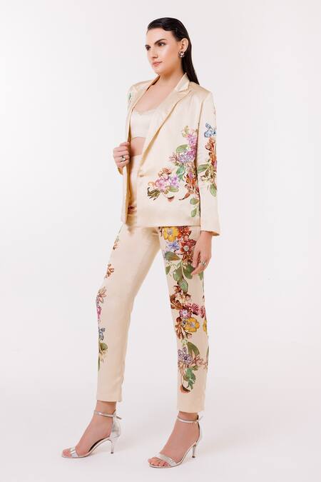 Shop Eeksha Beige Satin, Ramie, Rayon Embroidery, Sequins Botanical Print Blazer Pant Set Online at Aza Fashions Shop_Eeksha_Beige Satin, Ramie, Rayon Embroidery, Sequins Botanical Print Blazer Pant Set _Online_at_Aza_Fashions