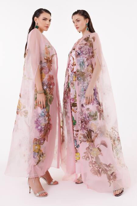Eeksha Pink Organza, Satin Sequins, Pearls, Stones Round Flower Print Dress With Cape Online at Aza Fashions Eeksha_Pink Organza, Satin Sequins, Pearls, Stones Round Flower Print Dress With Cape _Online_at_Aza_Fashions
