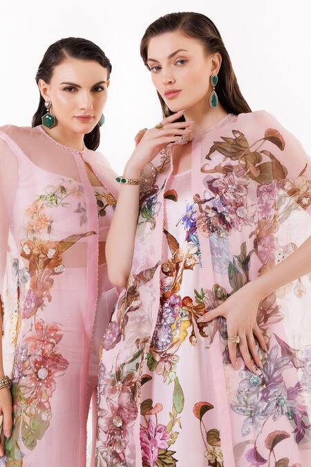 Buy Eeksha Pink Organza, Satin Sequins, Pearls, Stones Round Flower Print Dress With Cape Online at Aza Fashions Buy_Eeksha_Pink Organza, Satin Sequins, Pearls, Stones Round Flower Print Dress With Cape _Online_at_Aza_Fashions