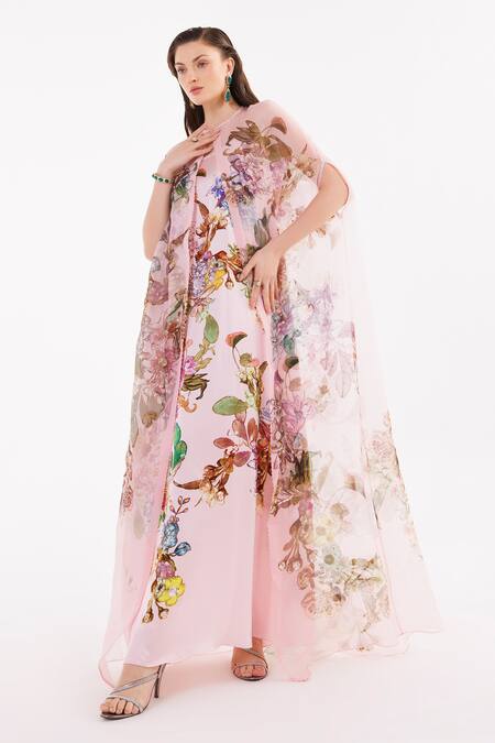 Shop Eeksha Pink Organza, Satin Sequins, Pearls, Stones Round Flower Print Dress With Cape Online at Aza Fashions Shop_Eeksha_Pink Organza, Satin Sequins, Pearls, Stones Round Flower Print Dress With Cape _Online_at_Aza_Fashions