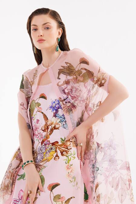 Eeksha Pink Organza, Satin Sequins, Pearls, Stones Round Flower Print Dress With Cape at Aza Fashions Eeksha_Pink Organza, Satin Sequins, Pearls, Stones Round Flower Print Dress With Cape _at_Aza_Fashions
